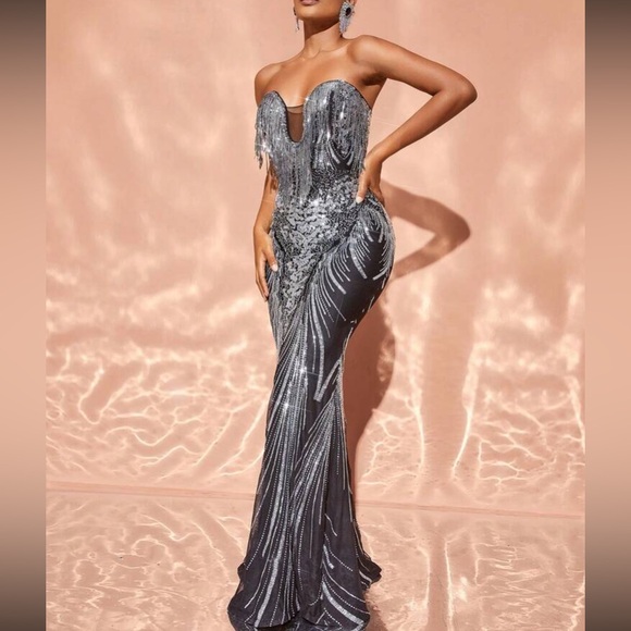 Luxe champagne mermaid hem party formal evening wedding gown dress - Picture 2 of 6